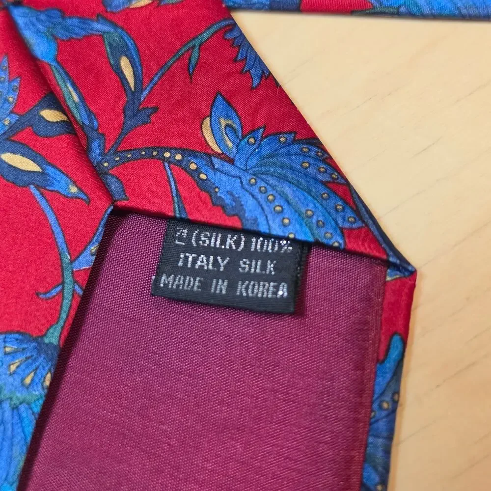 Lot of 2 Vintage 100% Italian Silk Ties Red Floral & Navy Blue Geometric Stripe